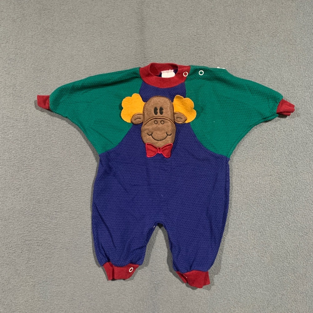 Vintage‎ Healthtex Baby Bunting Romper 0-5 Months Textured Moose Face Colorblock